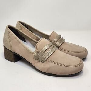 Rieker Slip On Heel Loafer Pumps Beige Silver Leather Women Size 38 US 7 Comfort